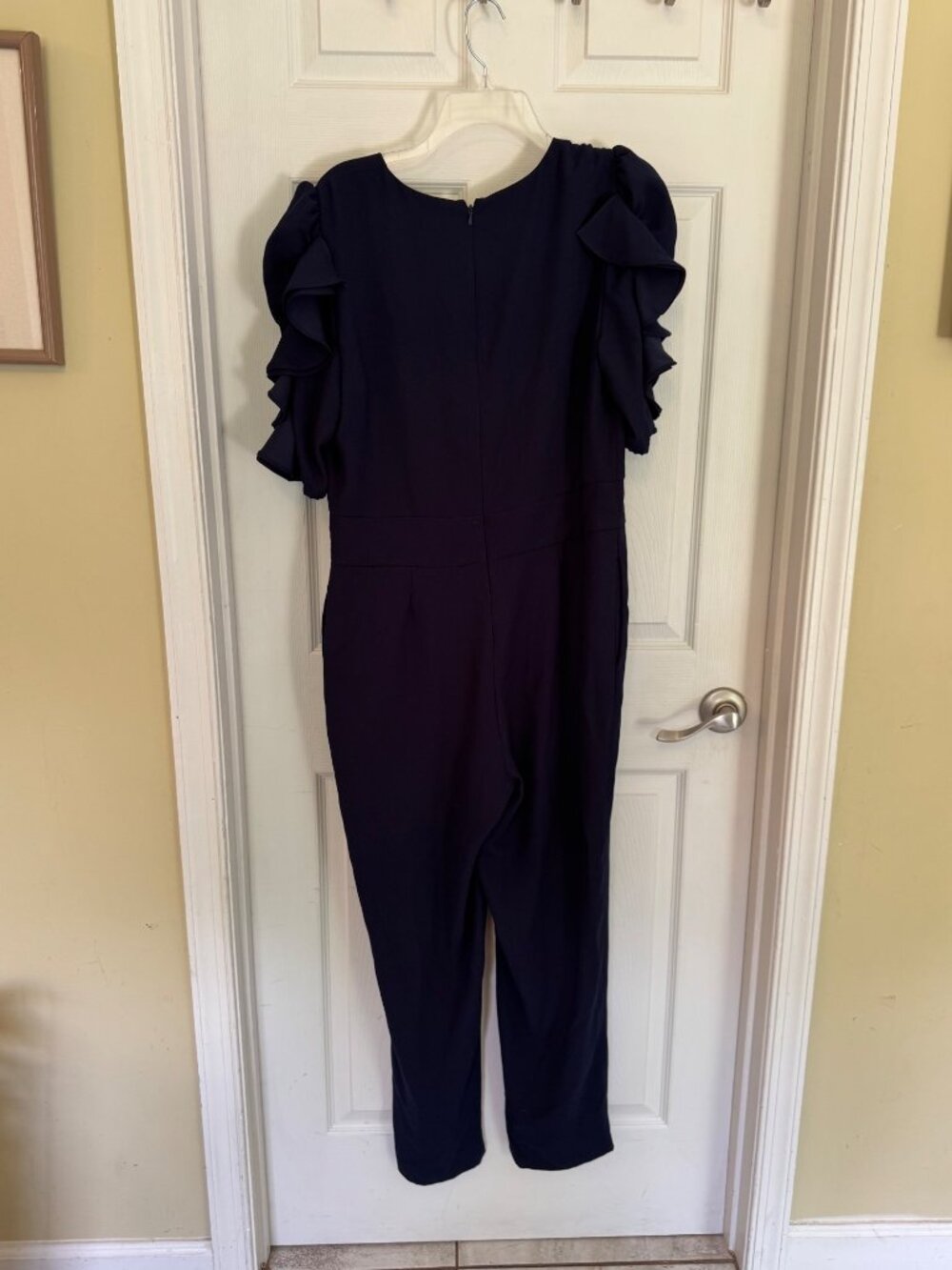 ML MONIQUE LHUILLIER VNeck 3/4 Ruffled Sleeves Jumpsuit Pantsuit Navy Blue 12 - Picture 10 of 10